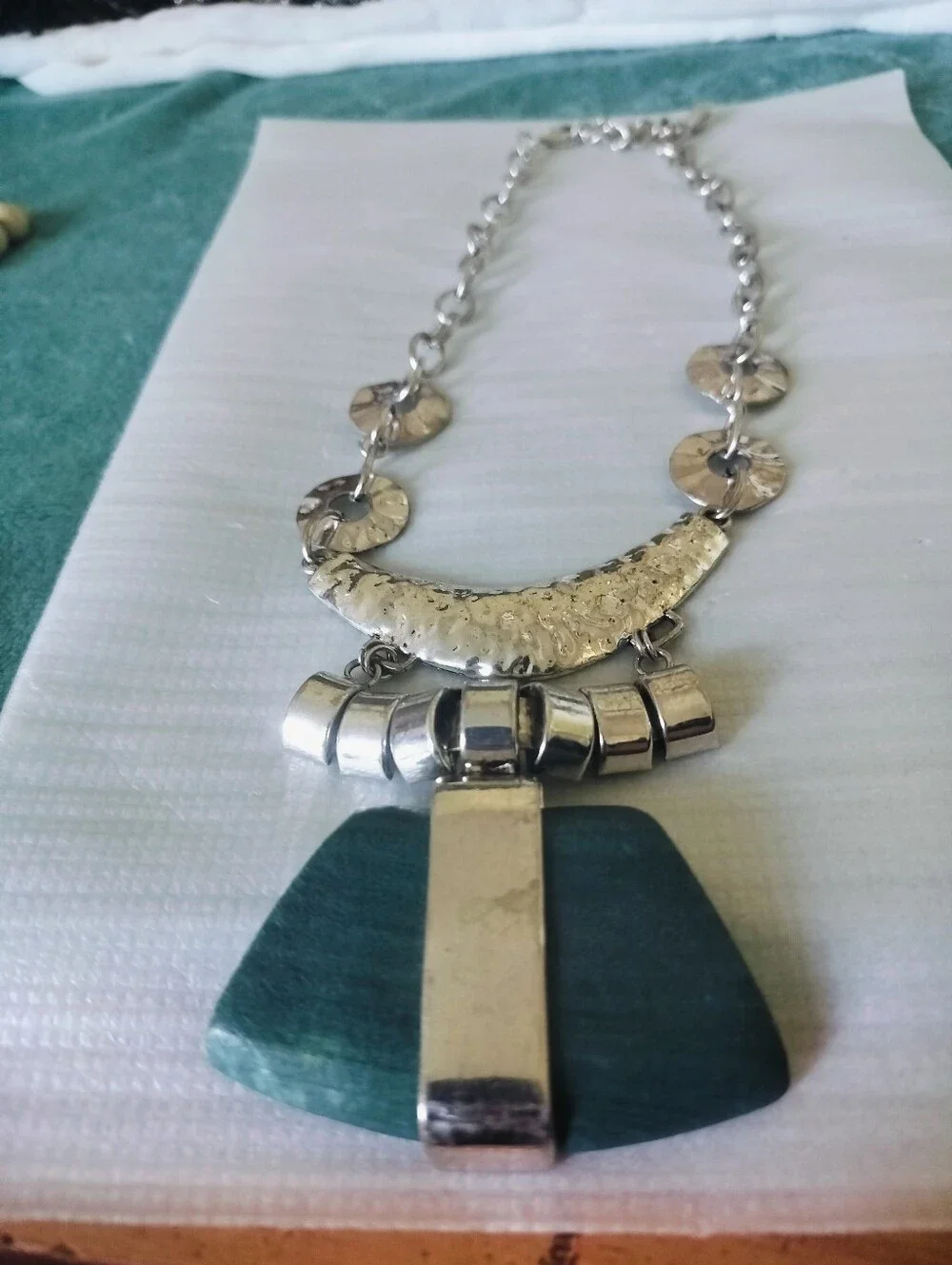 Hammered Silver & Forest Green Trapezoid Pendant Necklace  Brutalist Boho Collar